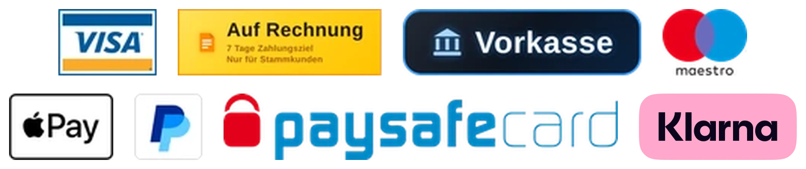 Zahlungsarten: Visa, Auf Rechnung, Vorkasse, Maestro, Apple Pay, PayPal, paysafecard, Klarna